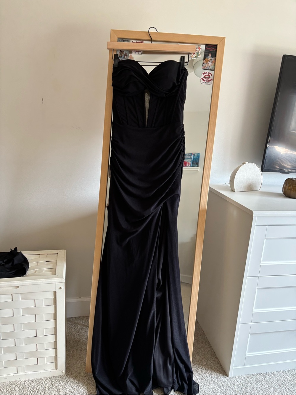 La Femme Black Strapless Ruched Evening Gown